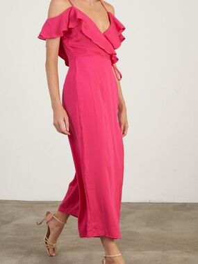 iris Cold-Shoulder Ruffle Midi Dress in Fuchsia Pink